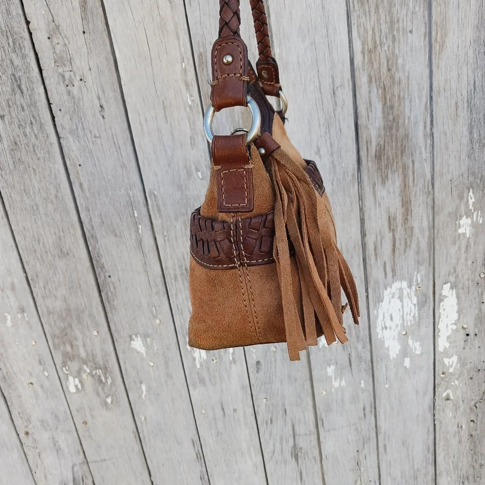Vtg 395 Fossil Hobo Handbag Bag Suede and Braided Leather Tassle Y2K - Picture 5 of 16
